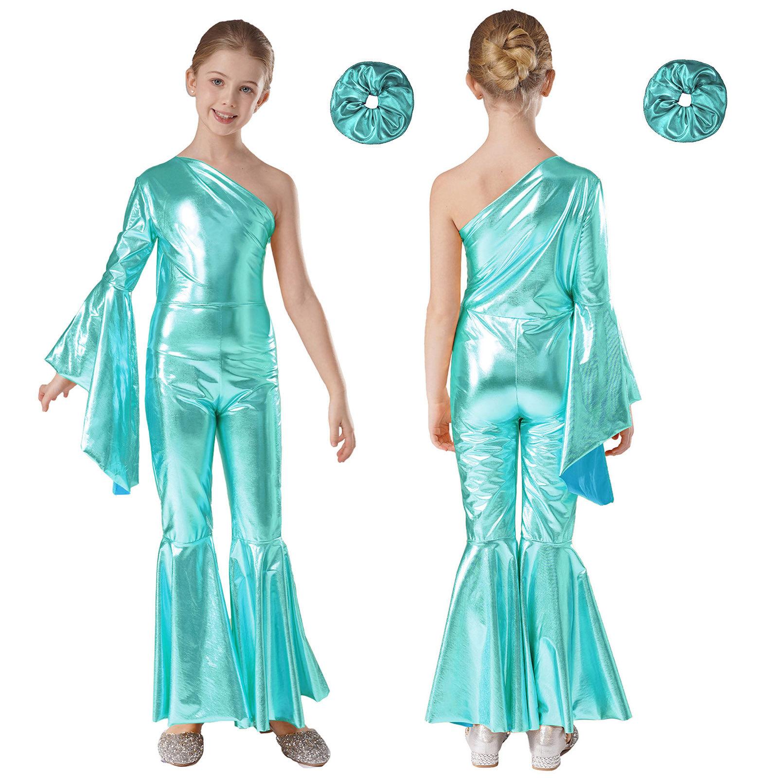 

Девочки блестящие широкие брюки комбинезон металлик диско вечеринка платье комбинезон костюм на Хэллоуин расклешенные брюки-клеш блестящие танцевальные трико 5-6 Years чирковый