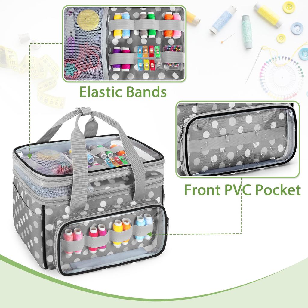 Luxja Sewing Large with Clear Compartment and Removable Perfect for Sewing Tool Storage and Bag Gray Dot Box/Sewing Bag, Double-Layered, Capacity,