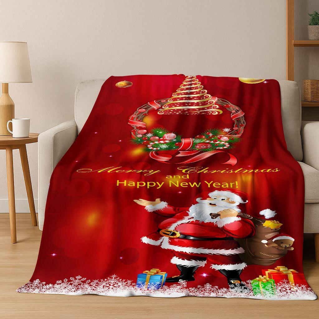 3D Merry Christmas Tree Santa Claus Cartoon Flannel Blanket Soft Warm Blanket for Bedroom Living Room Bed Camping Picnic Gift