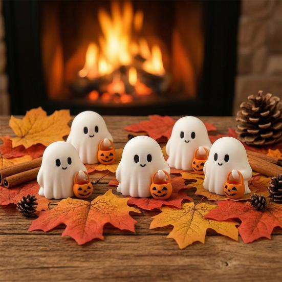 Halloween Ghost Pumpkin Statue, 3D Printed Glow In the Dark Figurine, Cute Mini Trick or Treat Candy Bucket Ornament for Desktop