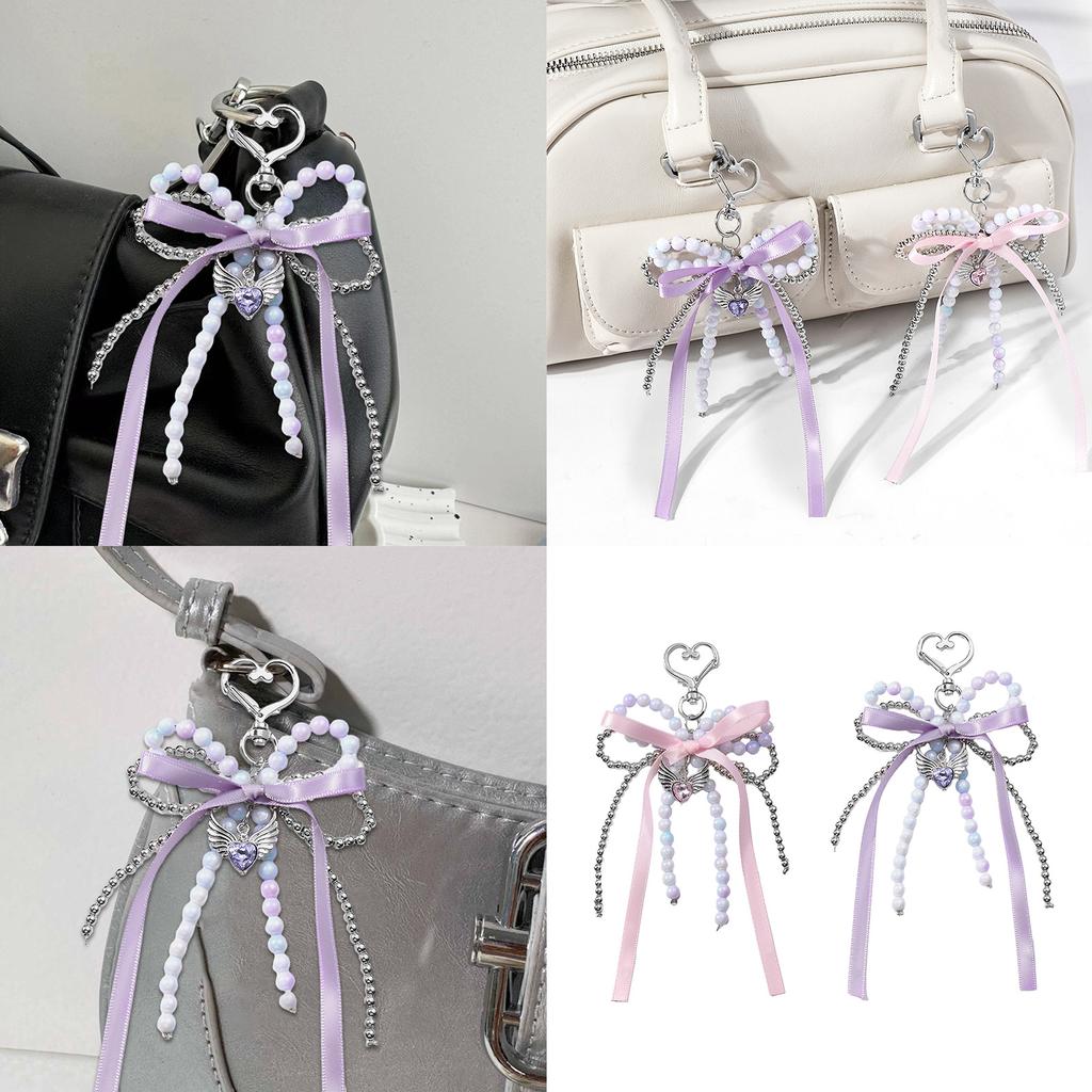 Lovely Ribbon Beads Bowknot Keychain Fashion Statement Key Holder Stylish Purse Embellishment for Various Occasion