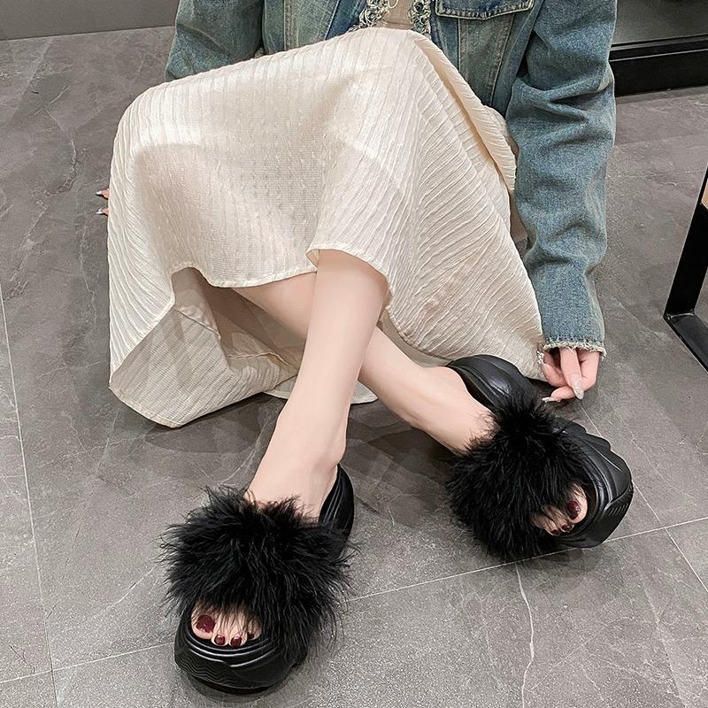 Fashion Women Platform Slippers Feather Chunky Sandals Beach Shoes 8.5CM Wedge Heels Peep Toe Slides Ladies Outside Flip-Flops Woman