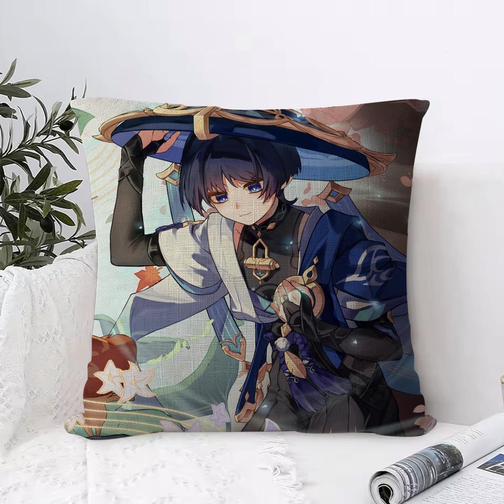 Genshin Impact Scaramouche Cushion Cover Eco Linen Pillow Case DoubleSided Print Breathable Durable Zipper Home Decor Gift