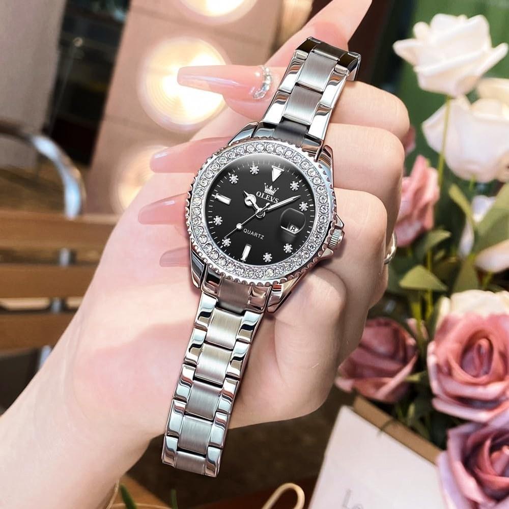 OLEVS Women's Quartz Wristwatch Stainless Steel Diamond Dial Luminous 30M Water-Resistant Stylish Cute Business Gift Black