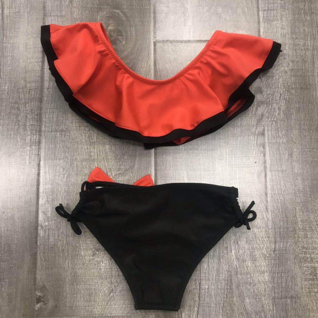 Girl's Ruffled Children's Swimsuit Slant Shoulder Candy Color Bow Cute Split Swimsuit