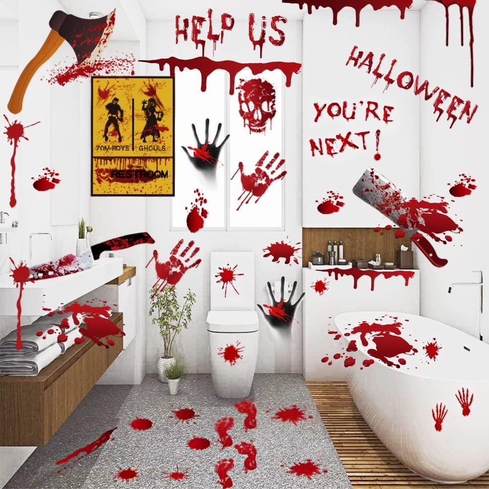 84Pcs Halloween Decorations Handprint Footprint Stickers Clings Decals Window Bathroom Floor Restroom Zombie Decorations Halloween Party Decor,8