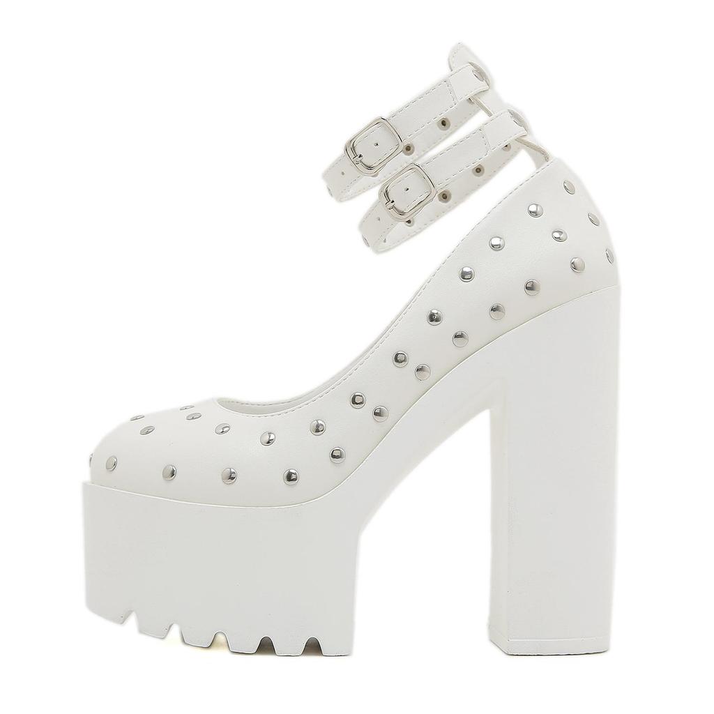 Gdgydh Scarpe con Tacco Alto Borchiate Piattaforma per Donna Cinturino alla Caviglia con Fibbia Borchiata Tacco Chunky Scarpe Bianche da Cerimonia