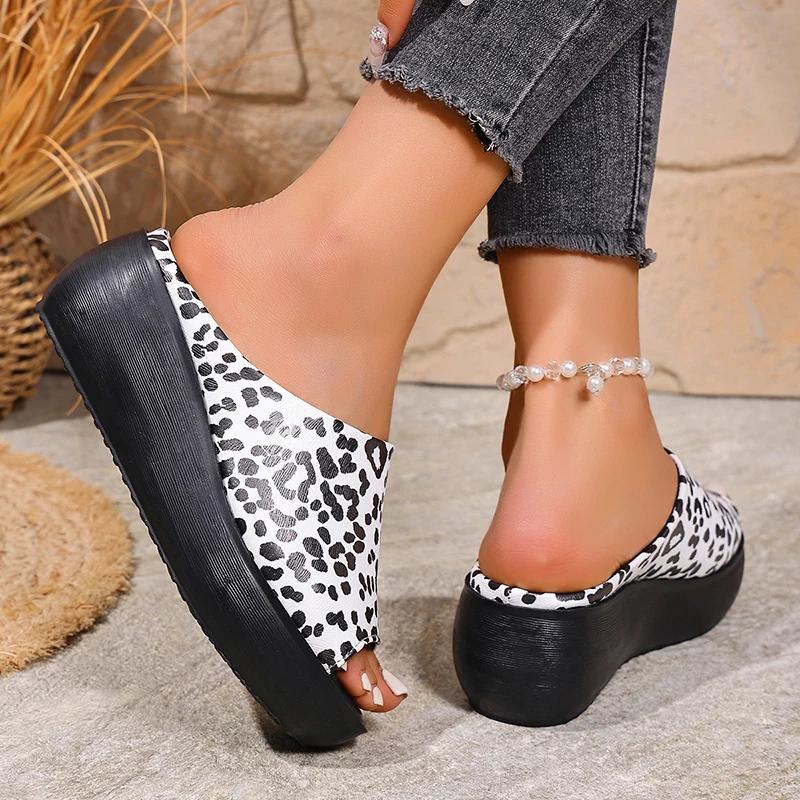 Fashion Leopard Zebra Print Decor Wedges Sandals Women Summer Thick Sole Non Slip Slippers Woman Plus Size Chunky Platform Beach Shoes