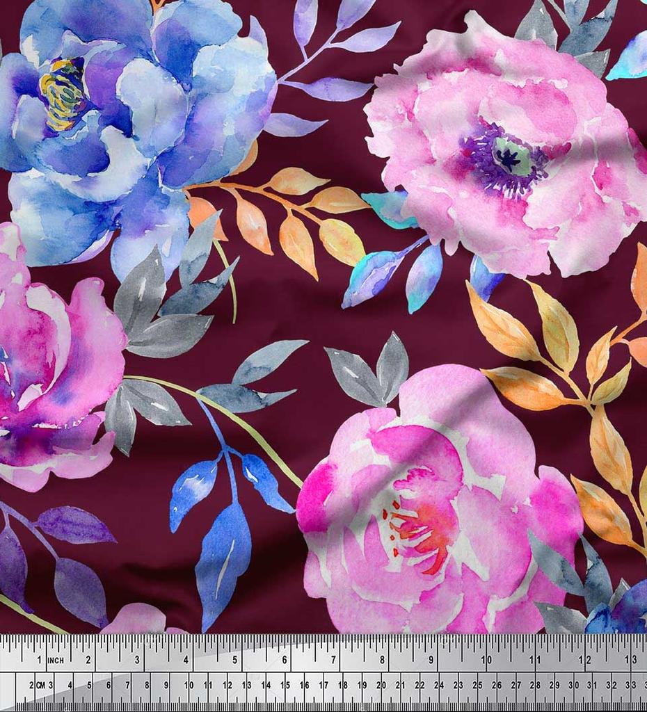 Soimoi Japan Crepe Satin Fabric Leaves & Peony Flower Print Fabric by the Metre 42 Inch