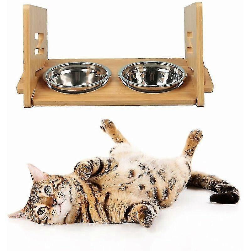 Large Dog Bowl Stand, Height Adjustable Wooden Raised Stand With 2 Bowls