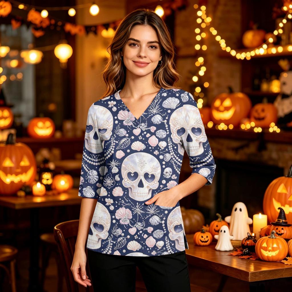 Women's Casual Uniform Top with Halloween Print, V-Neck, Pockets, Side Slit and Three-Quarter Sleeves