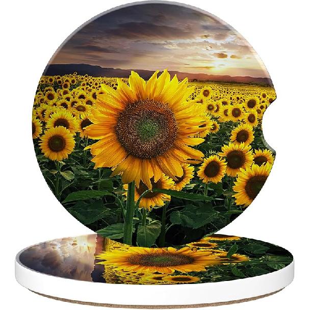 Colorful Flowers and Plants Car Cup Holder Coaster,Car Coasters for Cup Holder,2 Pack Floral Berries Anti-Slip Absorbent Ceramic Car Cup Coasters for