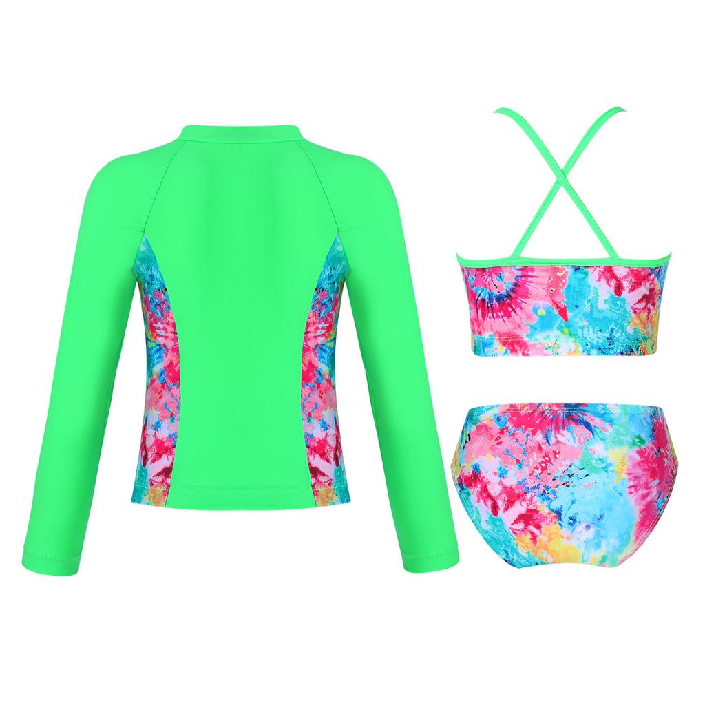 Girls 3 Piece Swim Set Sleeveless Top Briefs Long Sleeve Coat Front Zipper Sun Protection Beach Swimwear