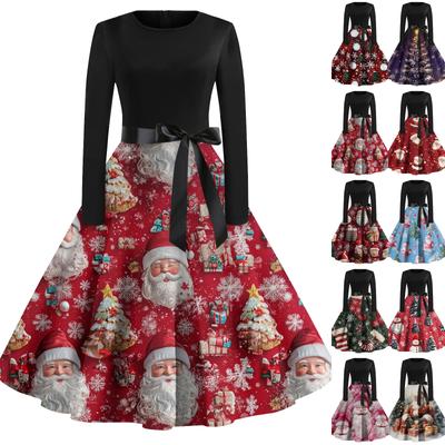 Women's Fashion Vintage Long Sleeve Round Neck Christmas Printed Evening Party Dresses Dresses