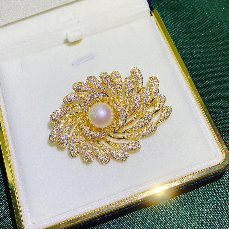 DIY Copper-Plated Gold Zircon Sunflower Brooch with Pearl Corsage Setting