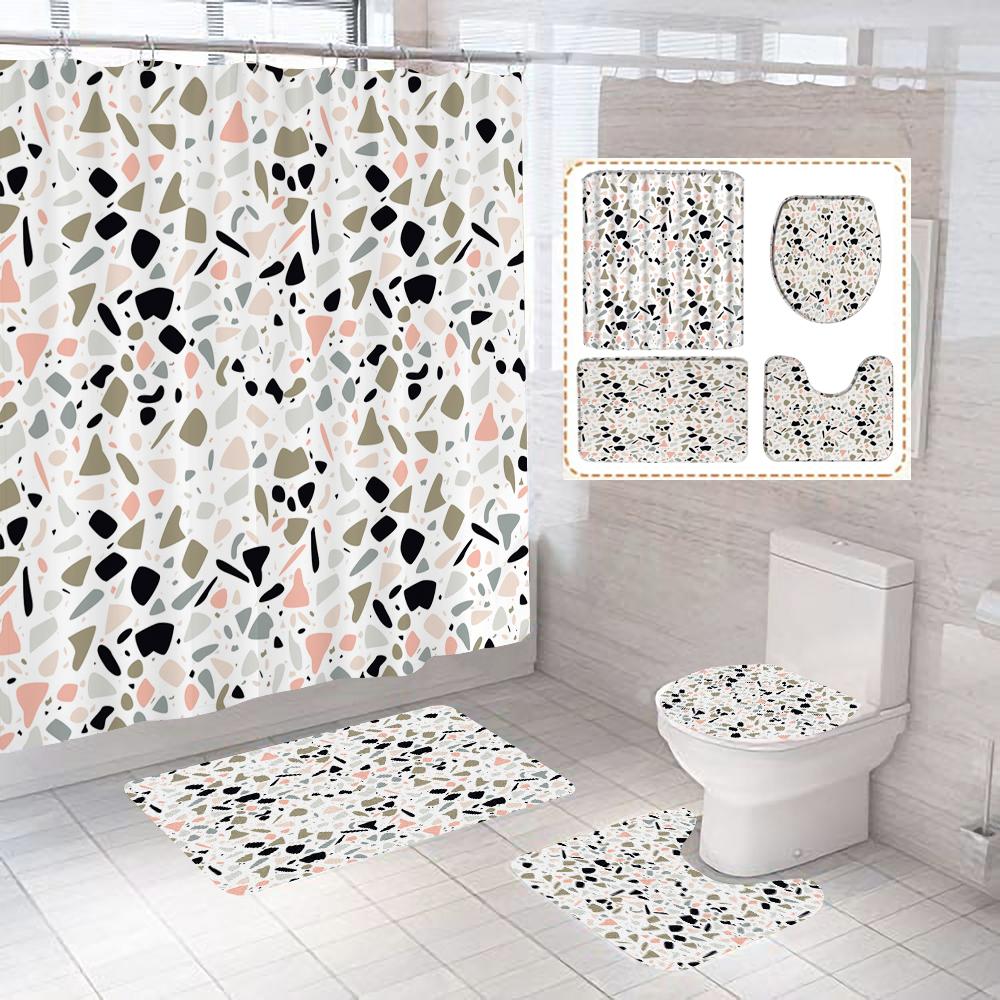 Small Fresh Mosaic Marble Printed Bathroom Curtain Shower Curtains With Hooks Non-Slip Carpet Toilet Lid Cover Bath Mats Rugs