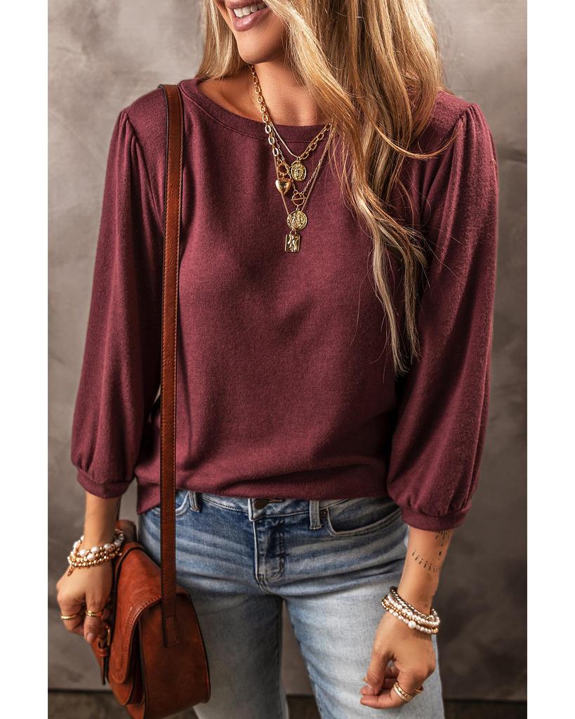 Azura Exchange Red Dahlia Solid Color 3/4 Sleeve Round Neck Top