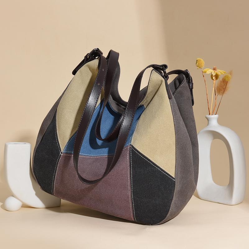 Women's Shoulder Bag Large Capacity Tote Bag Contrast Color Stitching Canvas Bag