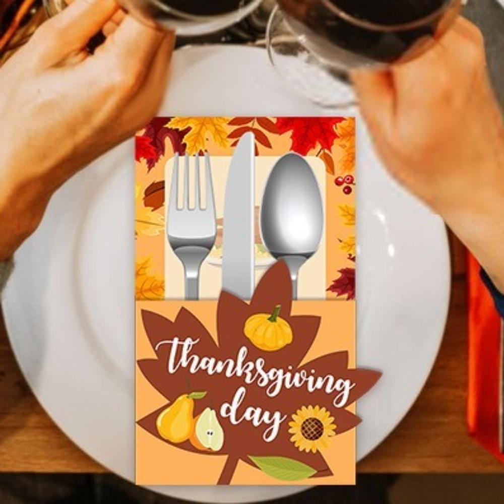 6pcs Turkey Maple Leaf Cutlery Storage Bags Autumn Theme Tableware Cover  Home Decor
