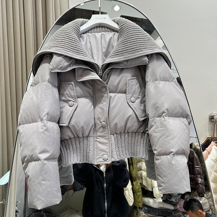 Knitted large lapel neck high waist short down jacket women's thickened bread jacket foreign style sweet white duck down jacket tide