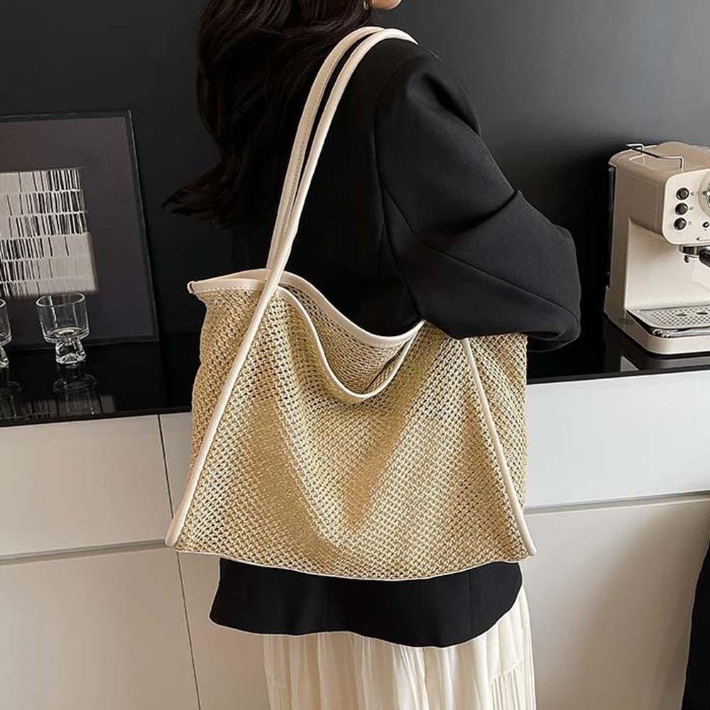 Large Capacity Beach Hollow Composite Tote Lightweight Leather Small Pouch Straw Woven Shoulder Bag Solid Color Polyester