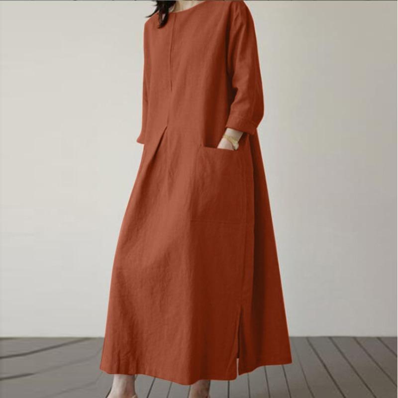 IHUASU Fashion Spring Autumn Solid Color Print Long Sleeve O-Neck Casual Dresses S