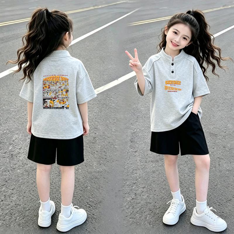 Girls' Cotton Polo T-Shirt Set: Short-Sleeve, Stand-Up Collar, Summer Fashion for Medium & Large Children