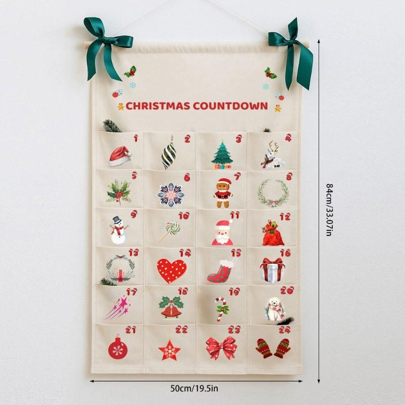 24 Numbered Advent Calendar Panel, Custom Fabric Christmas Wall Display for Entryways, Small Candy, Message Cards and Indoor Rooms