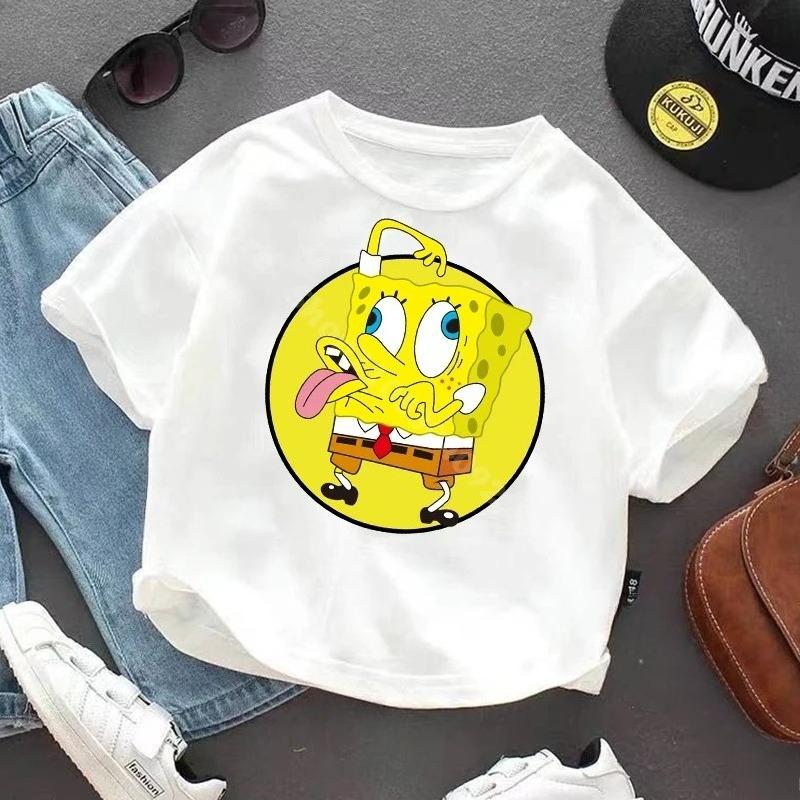 SpongeBob SquarePanted Child Short Sleeve TShirt Anime Character Print Cotton Pullover Boys Girls Summer Casual Crew Neck Tops