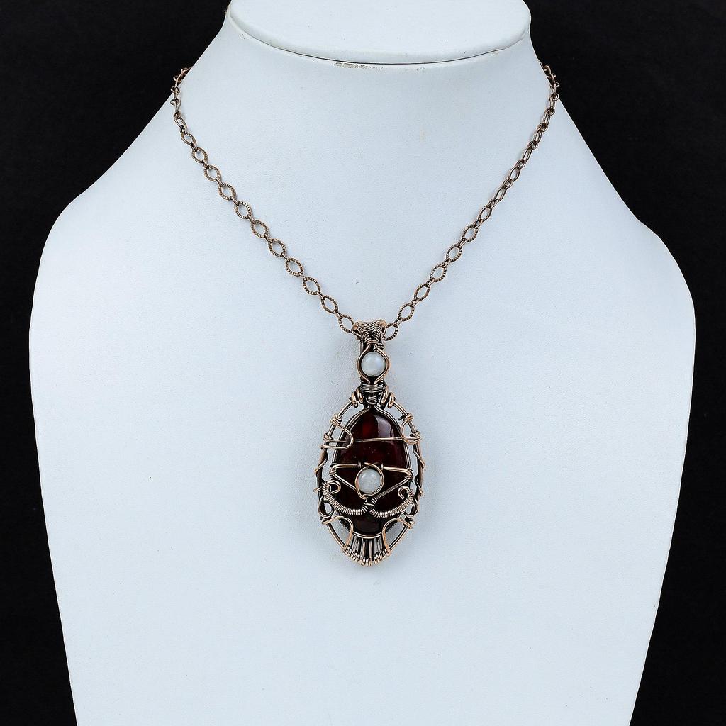 Pandantiv cu labradorit roșu de foc, sârmă de cupru înfășurată în curcubeu, pandantiv cu piatră prețioasă, cadou manual pentru mama, bijuterii din cupru cu piatră prețioasă