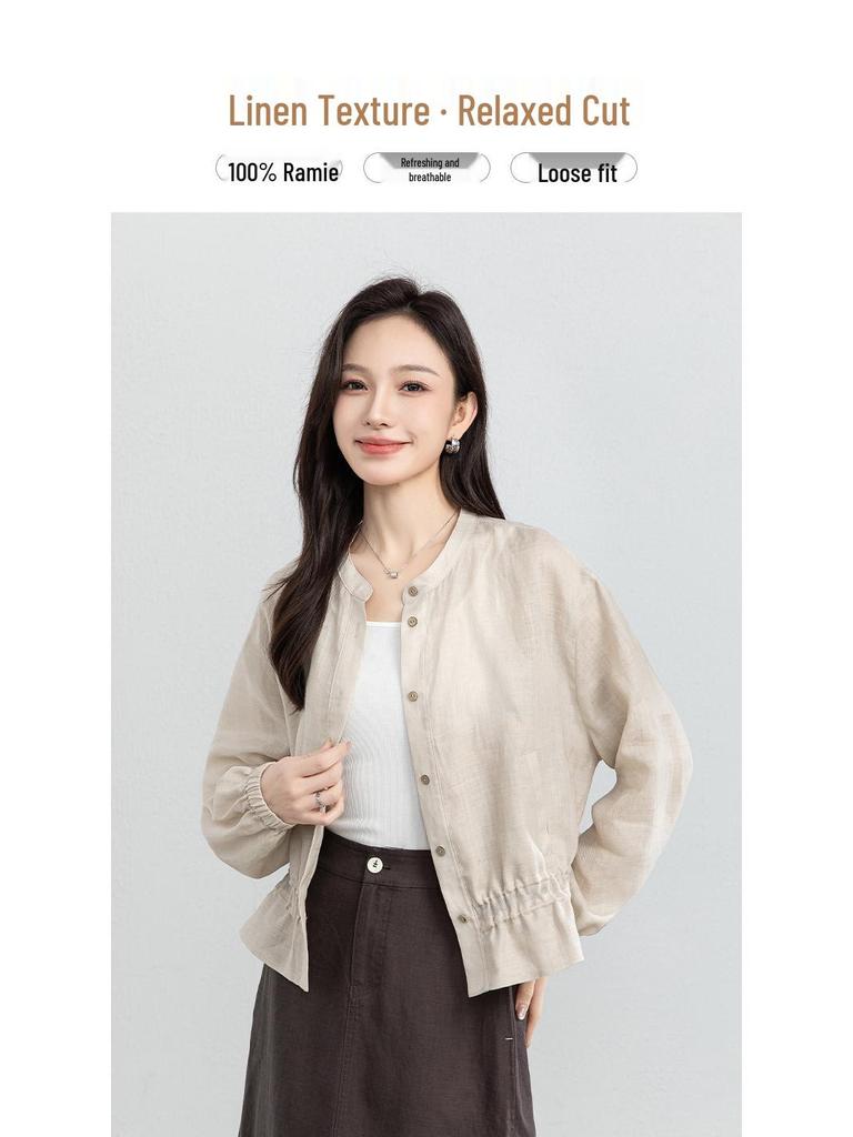 Xin Ge 2026 Summer Women's Linen Shirt: Loose Fit, Ruffled, Stand-Up Collar, Gentle Style.