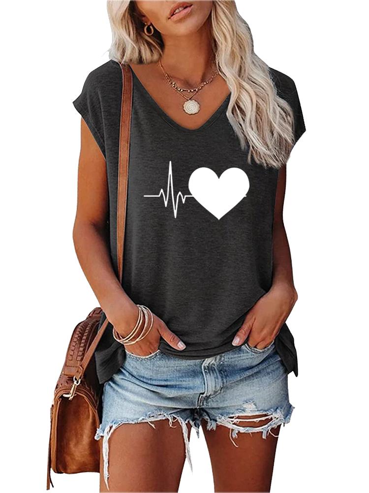 Women Fashion V Collar Short Sleeve Top Summer Casual Print T-shirt