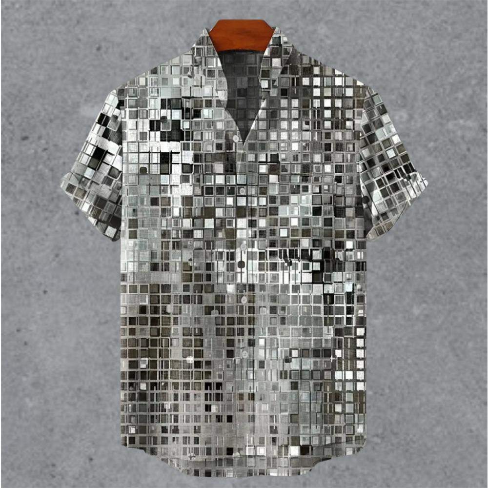 Art retro vintage men's shirt with mottled marks, standing collar printed short sleeved shirt, casual and comfortable top