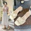Thick Heel Square Head Pleated Cool Slippers Women's Summer New One-character Slippers