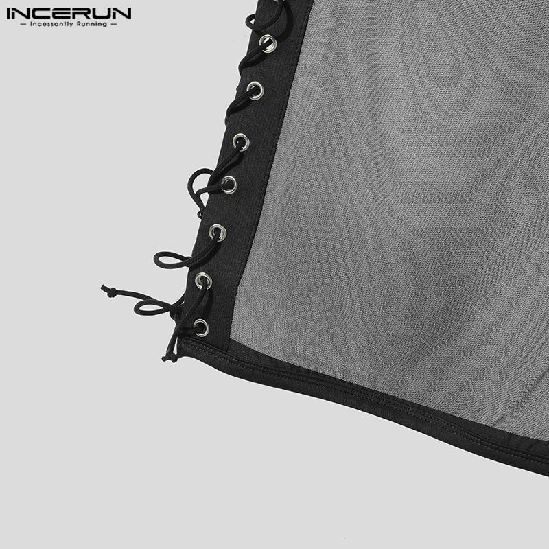 INCERUN Men Strap Sleeveless Mesh Sheer Patchwork Bandage Slim Cropped Tank Tops