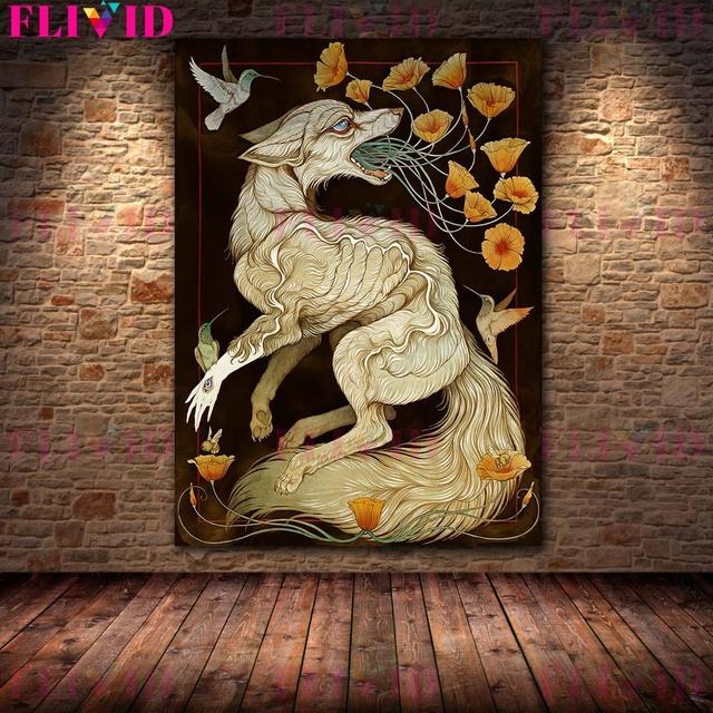 The White Deer Spirit and the White Wolf In the Forest "Retro Mural Art, Oil Painting, Magical Animal Art Poster
