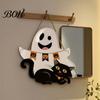 Easy Clean Festive Door Hanger Cute White Ghost Wooden Sign with Black Cat BOO Boho Halloween Room Decoration Banner, Waterproof Front Plaque