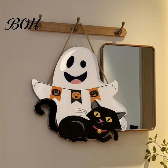 Easy Clean Festive Door Hanger Cute White Ghost Wooden Sign with Black Cat BOO Boho Halloween Room Decoration Banner, Waterproof Front Plaque