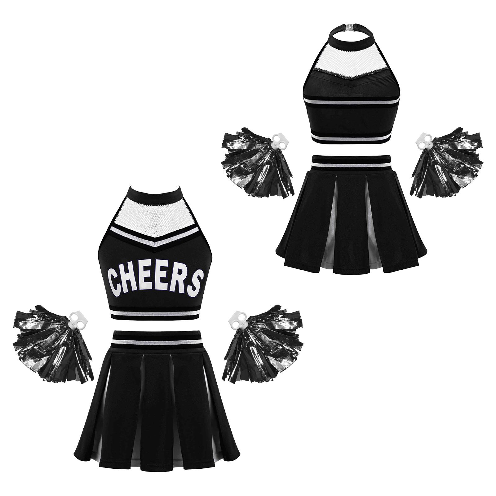 

Костюми для черлідингу. Дитячий набір танцювального одягу для дівчаток. Укорочений топ з літерами + спідниця + квіти для рук 15-16 Years чорний