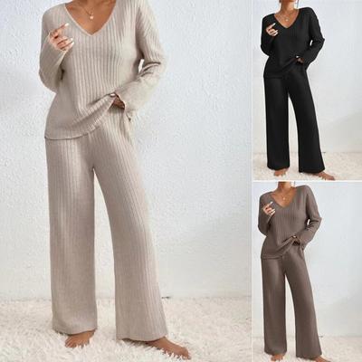 Women's Set of Loose Casual Long-sleeved V-neck Pit Striped Brushed Top and Trousers 2-piece Set