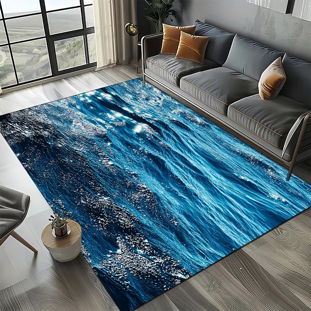 2025 New Style Blue Green Sea Wave Seawater Nature 3D Carpet Rug for Living Room Bedroom Home Sofa Decoration,Non-slip Floor Mat