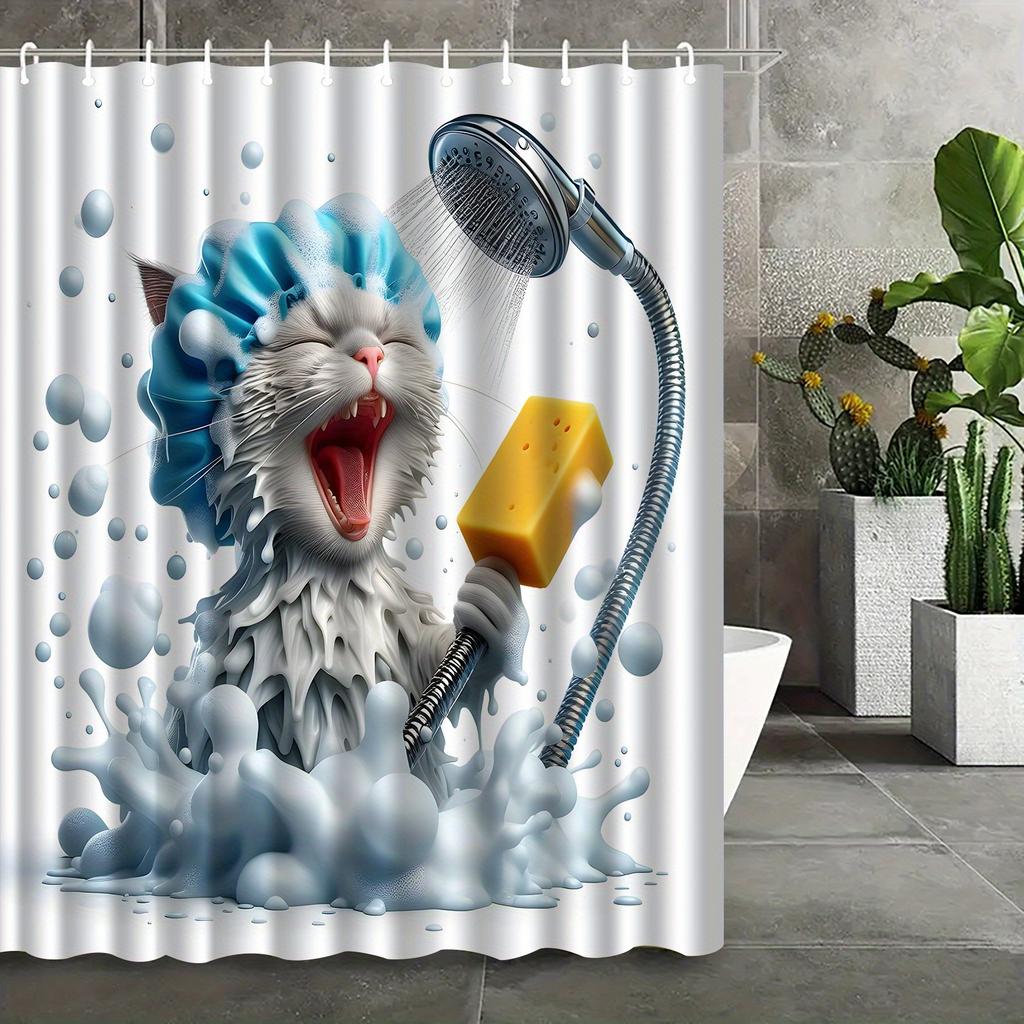 1pc Funny Bathing Cat Shower Curtain - High Quality Bathroom Decor with Hooks Bathroom Window Decoration for Cat Lovers