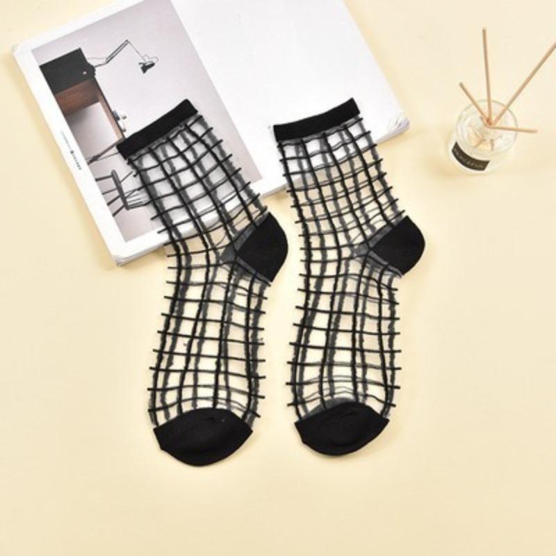Women Ladies Spring Thin Classic Boat Socks Summer Breathable Plaid Stripes Dots Transparent Women Crystal Silk Japanese Socks