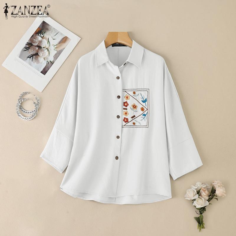 ZANZEA Women Turn Down Collar 3/4 Sleeve Loose Embroidery Blouse