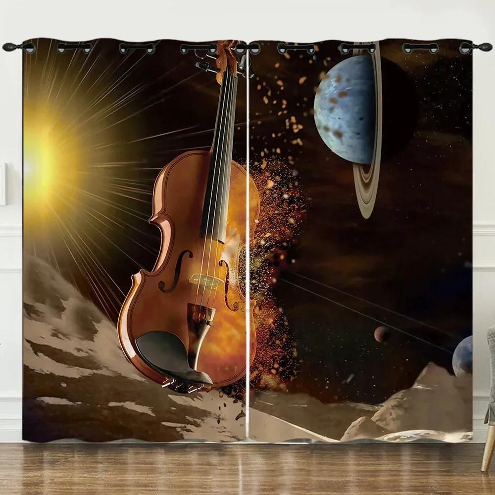 

3D Print Modern Instrument Guitar Notes Cool Boy 2 Pieces Thin Shading Window Curtain For Living Room Bedroom Decor Rod Pocke (50Wx50H)x2(CM)&Grommet Top