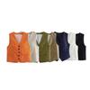 2024 Autumn Women's Sleeveless V-Neck Linen Blend Slim-Fit Vest Set - European & American Style