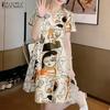 ZANZEA Women Casual V-Neck Short Sleeve Loose Print Dress