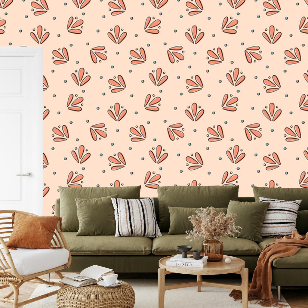 Wallpaper Small Flowers Cream, Beige and Orange for Living Room and Bedroom 50x1000