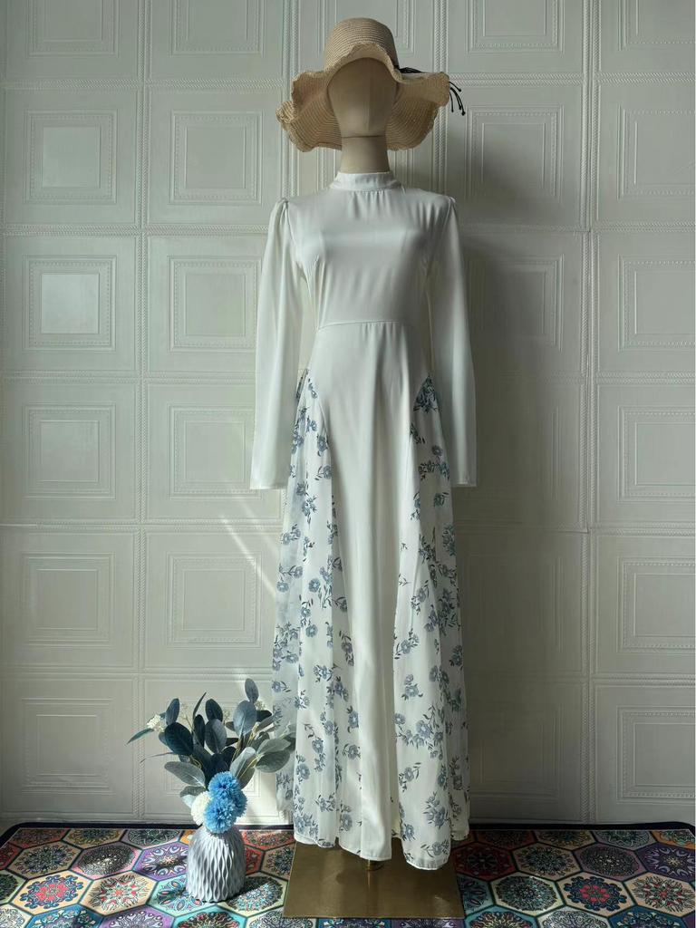 2025 Spring Long-Sleeved Floral Print Dress - European and American Style, Round Neck, Long Skirt