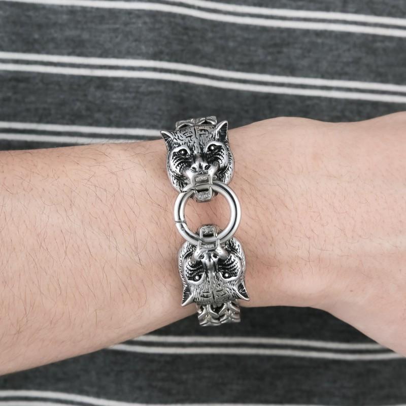 Mens Titanium Steel Leopard Charm Bracelet Punk Style Geometric Design Polished Finish Adjustable 22cm